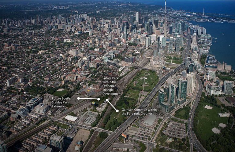 An aerial view of the planned Garrison Crossing pedestrian and cycle bridge in Toronto, Ontario