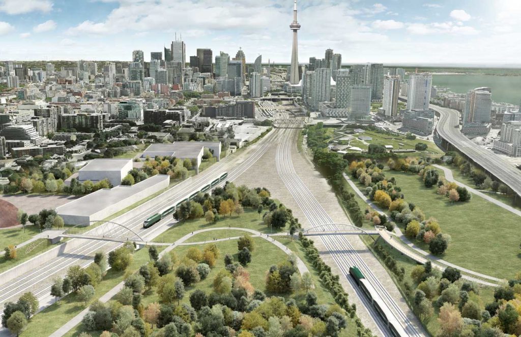 A rendering of a bird's eye view of Garrison Crossing looking east to downtown Toronto