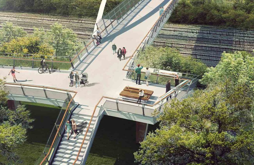 A rendering of the Garrison Crossing bridge with a bird's eye view